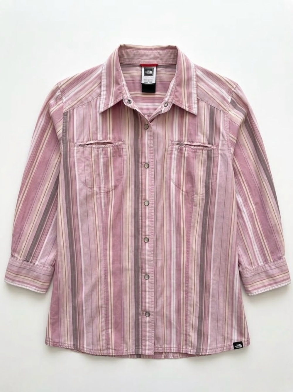 The North Face Women's Large Pink Striped 3/4 Sleeve Hiking Camp Shirt Gorpcore